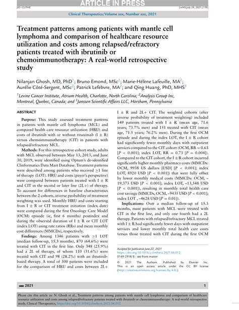 Pdf Treatment Patterns Among Patients With Mantle Cell Lymphoma And Comparison Of Healthcare