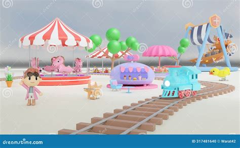 D Amusement Park With Steam Locomotive Railroad Tracks Starfish