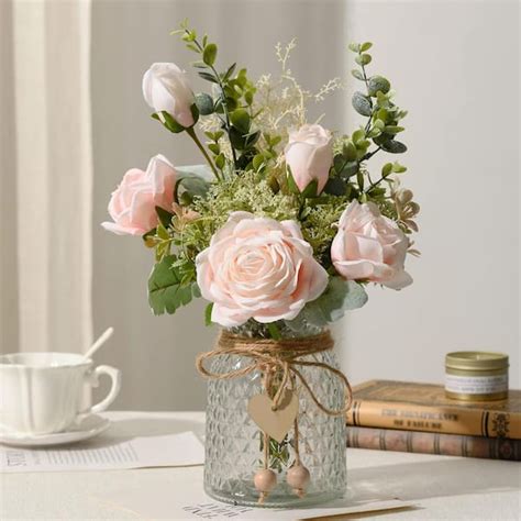 12 5 In H Light Pink Artificial Silk Roses Flowers In Vase Yy93dd6m9x The Home Depot