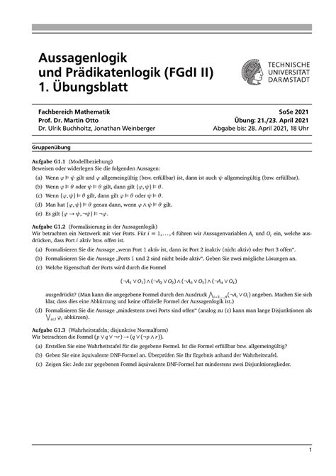 Uebung 01 Aufgaben SoSe Aussagenlogik und Prädikatenlogik FGdI II