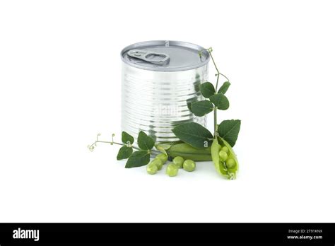 Steel Can Near Fresh Garden Peas Pods With Green Leaves Isolated On A