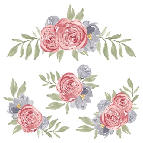 Conjunto De Arreglo De Flores Color De Rosa Acuarela Vector Premium