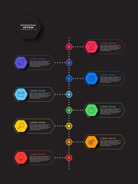 Plantilla De Línea De Tiempo De Infografía Vertical Con Elementos Hexagonales Multicolores Sobre