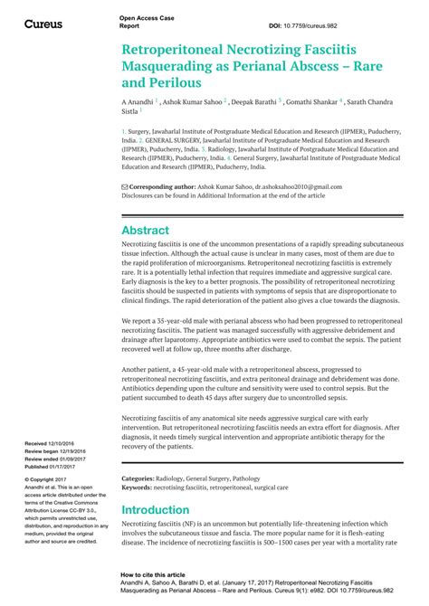 Pdf Retroperitoneal Necrotizing Fasciitis Masquerading As Perianal Abscess Rare And Perilous