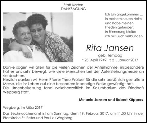 Traueranzeigen Von Rita Jansen Aachen Gedenkt