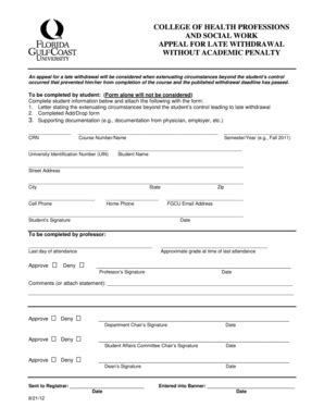 Fillable Online Fgcu Late Withdrawal Without Academic Penalty Form