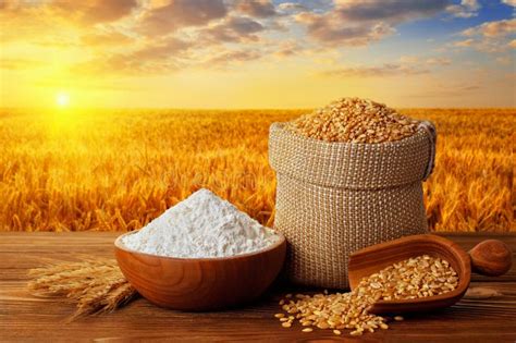 Wheat Flour In Bowl And Grains In Burlap Bag On Table With Field On The