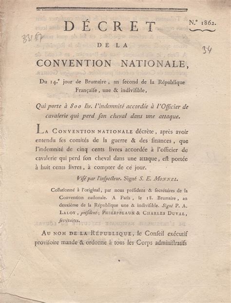 D Cret De La Convention Nationale Du Jour De Brumaire An Second