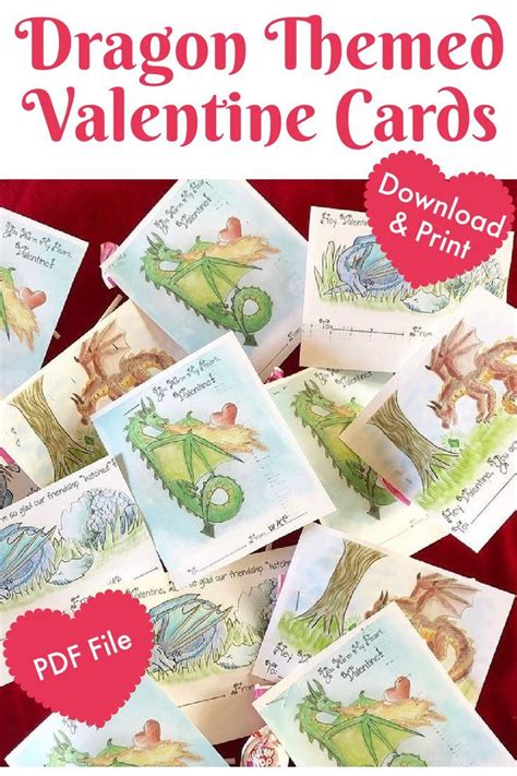 Hand drawn Printable Fantasy Dragon Valentines Cards - 3 designs- These ...