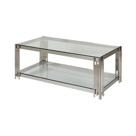 Table basse double plateau 123x63x45 cm en verre et métal chromé