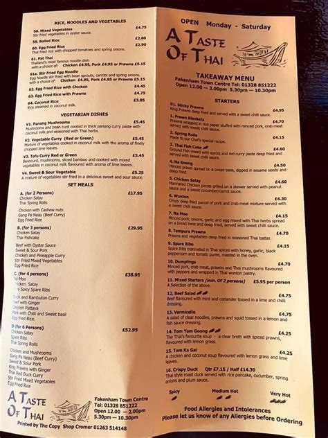 Menu At Taste Of Thai Restaurant Fakenham