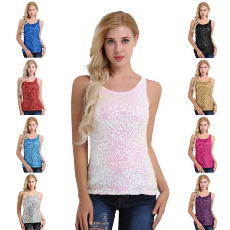 Damen Top Tank Glitzer Träger Shirt Pailletten verziert Ärmellos Weste