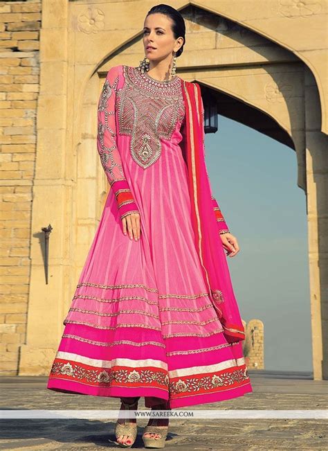 Hot Pink Zari Work Net Anarkali Salwar Suit Utsav Fashion Salwar