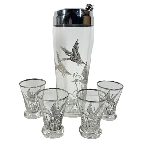 Vintage Rockwell Silver Co Silver Overlay Cocktail Shaker Set W Ducks And Reeds For Sale At