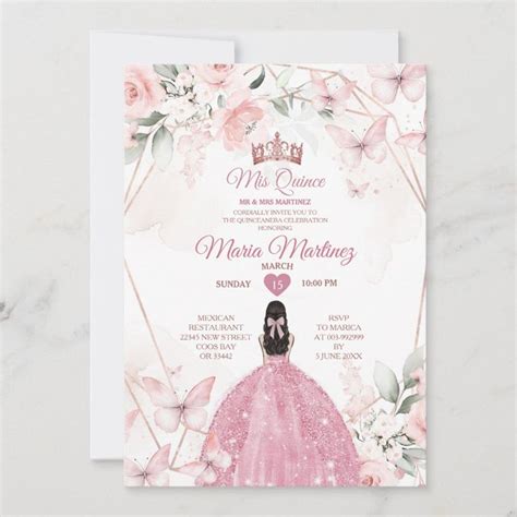 Elegant Pink Rose Gold Floral Princess Mis Quince Invitation Zazzle