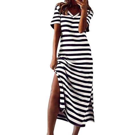 Womens Summer Stripe Maxi Dress Short Sleeve V Neck Casual Loose Long Beach Split Dresses Womens