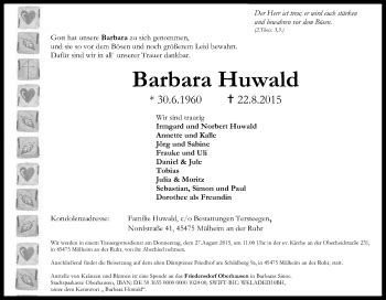 Traueranzeigen Von Barbara Huwald Trauer In Nrw De