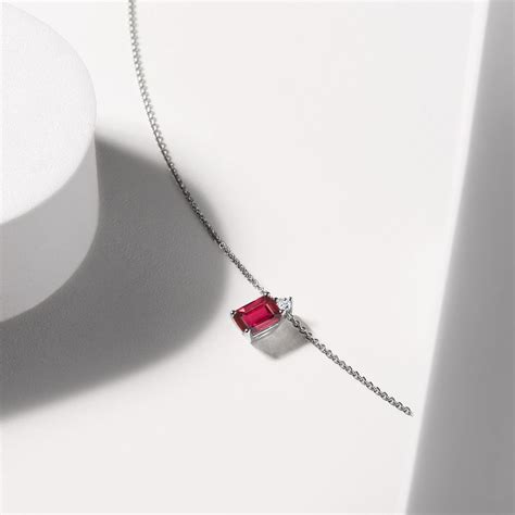 Emerald Cut Ruby and Diamond Necklace in White Gold | KLENOTA