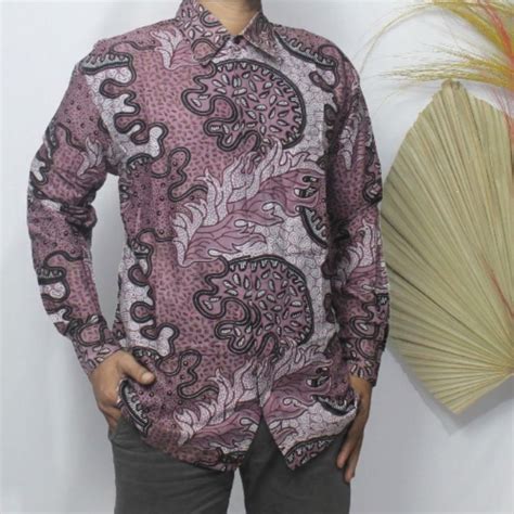 Jual Kemeja Batik Pria Warna Dusty Pink Lilac Lengan Panjang Modern