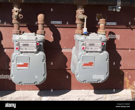 Exterior Wall Natural Gas Consumption Meters Stock Photo Alamy