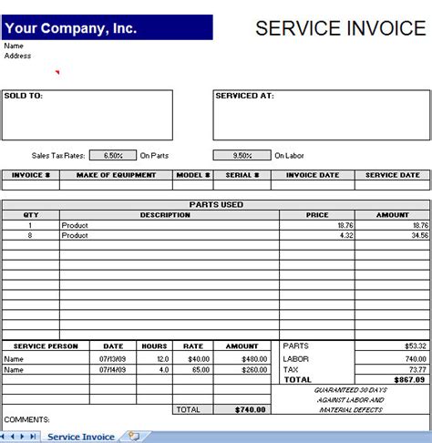 Service Invoice Template Excel | Service Invoice