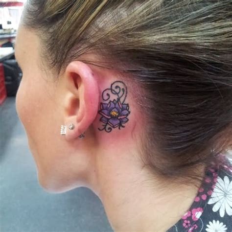 Simple Lotus Flower Tattoo Behind Ear