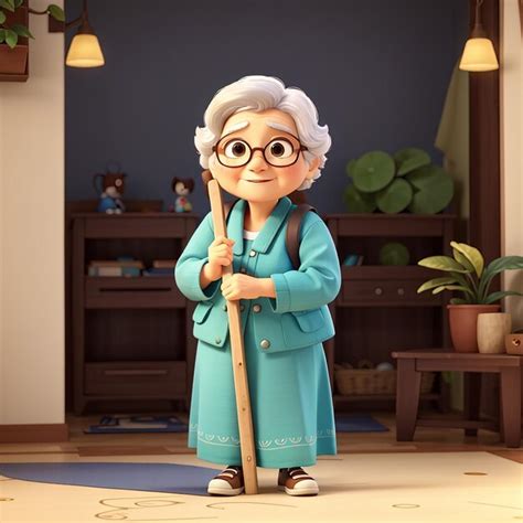 Premium Photo Cute Grandmother Cartoon Standing Bring Stick