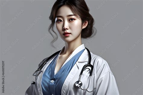 Draw A Full Body Picture Of A Korean Woman With Big Breasts Wearing A Doctors Uniform