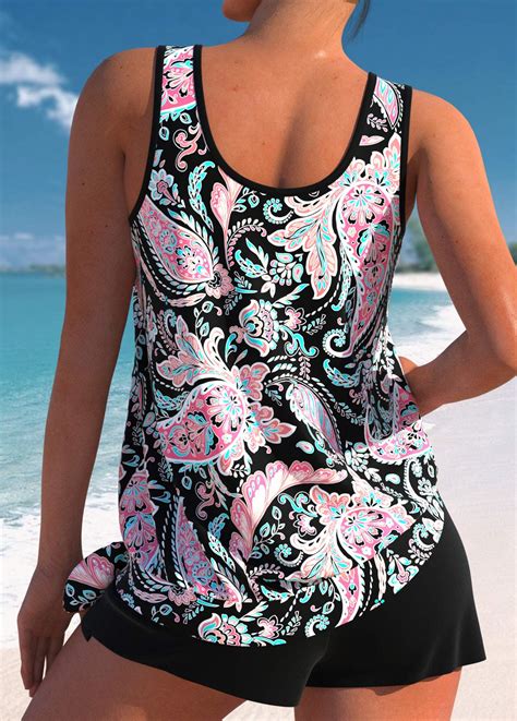 Bowknot Mid Waisted Paisley Print Black Tankini Set Modlily USD