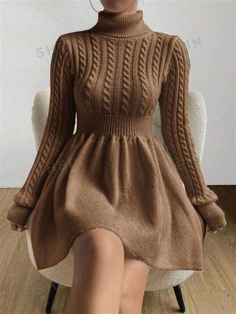 Shein Priv Turtleneck Cable Knit Sweater Dress Shein Usa