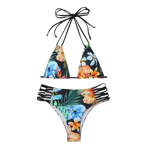 Wreesh Womens Halter String Bikini Sets High Cut Bikini Print Swimwear