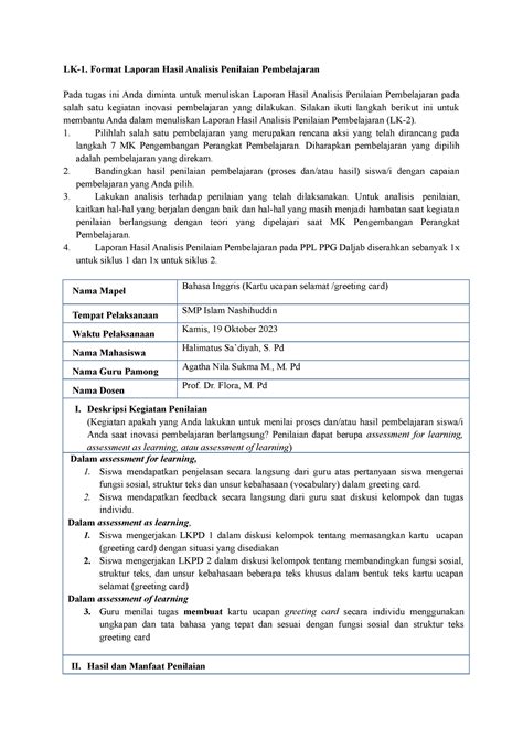 P2 Format Hasil Asesmen Pembelajaran Halimatus Lk 1 Format Laporan Hasil Analisis Penilaian