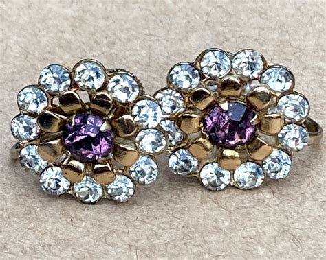 Vintage Coro Flower Screw Back Earrings With Purple And Clear Etsy