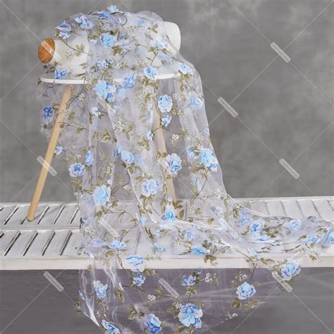 3d Blue Flowers Floral Printed Sheer Organza Fabric Oneyard