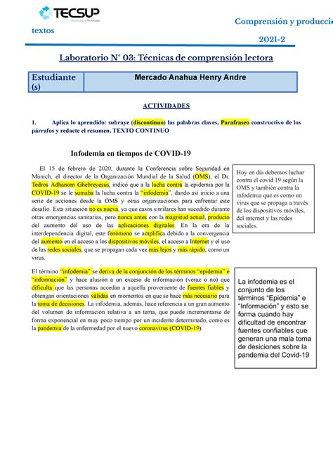 L 3 Técnicas DE Comprensión Lectora c 5 textos 2021 Laboratorio N