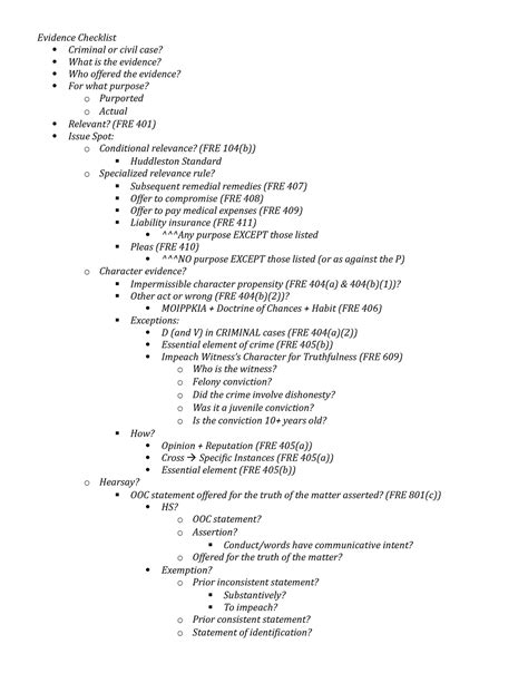 Checklist Summary Evidence Evidence Checklist Criminal Or Civil