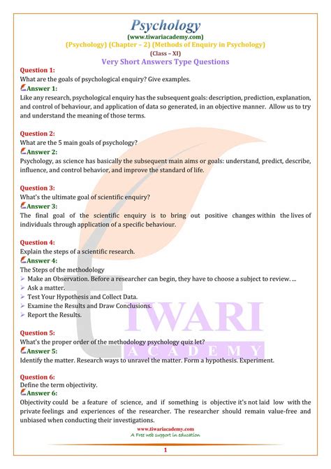 Class 11 Psychology Chapter 2 Important Questions Methods Of Enquiry