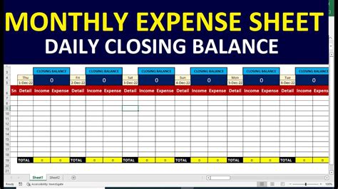 How To Make Monthly Expenses Sheet Excel With Daily Closing Balance