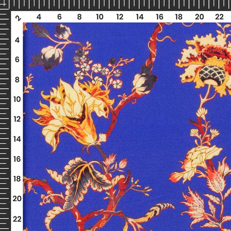 Royal Blue Floral Pattern Digital Print Crepe Silk Fabric Fabcurate