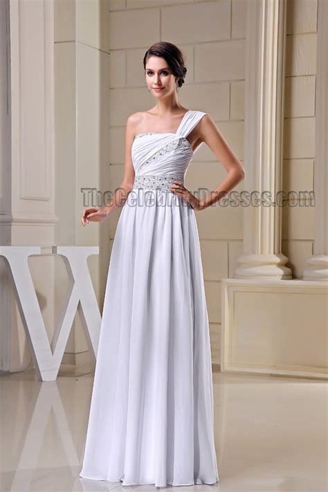 A Line White One Shoulder Beaded Prom Gown Evening Dresses