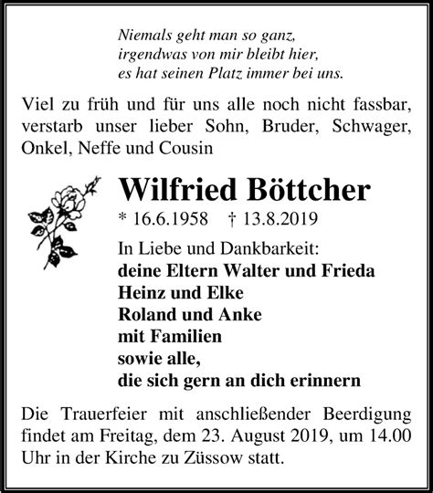 Traueranzeigen von Wilfried Böttcher trauer anzeigen de