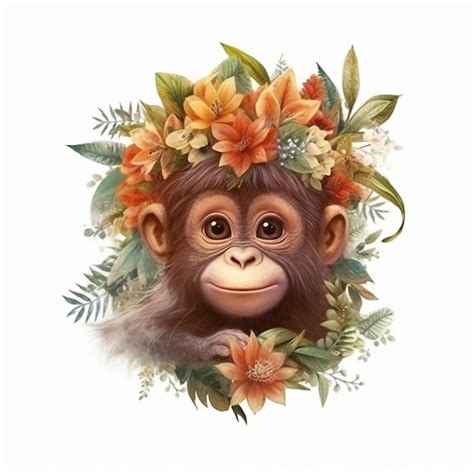 Premium Photo Cute Monkey With A Flower Crown On A White Background