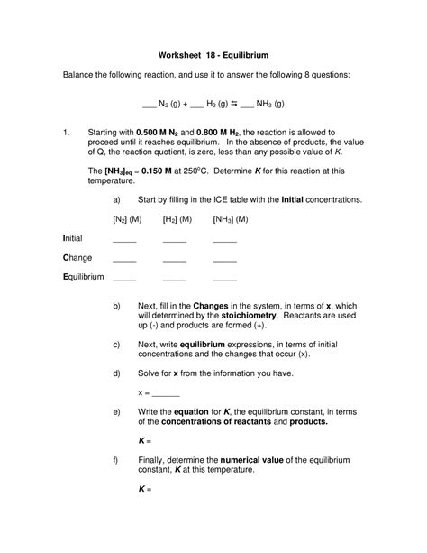 Worksheet Equilibrium General Chemistry I Chem Study