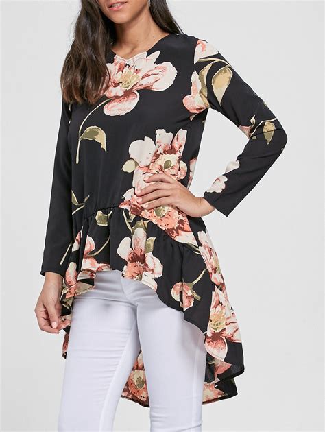 [26 Off] Floral Chiffon High Low Top Rosegal