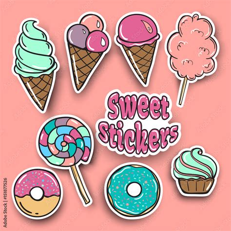 Sweet stickers Food Badges Set, Stickers, donuts, Candies, Cakes, Ice ...