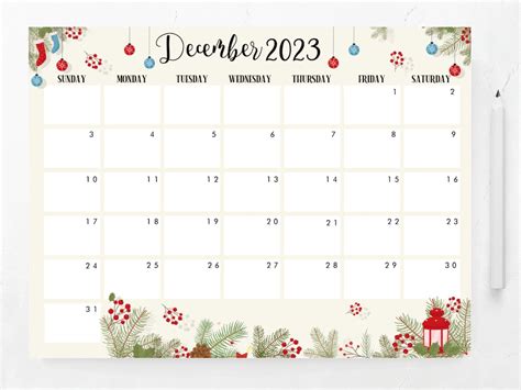 Editable December 2023 Calendar Printable Calendar Fillable Editable