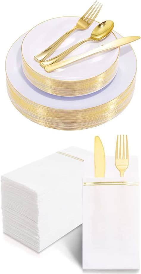 Amazon Nervure 125PCS White And Gold Rim Plastic Plates 100PCS