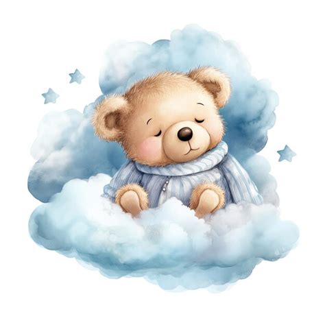 Cute Baby Teddy Bear Sleeping On The Cloud Illustration Generative Ai