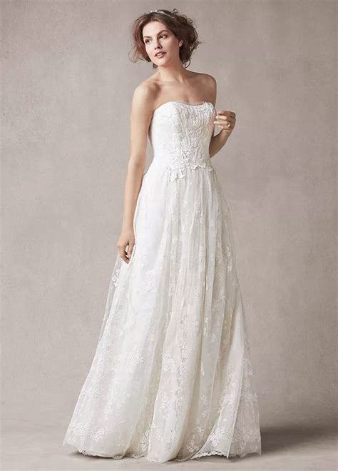 Davids Bridal Strapless Sheath Wedding Dress With Floral Embroidery Ebay