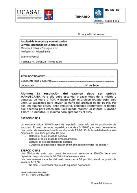 Examen Parcial Costos Banco 090523 hs TEMARIO RG SD TE Página 1 de 2